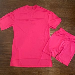 Hot pink ribbed biker set with oversized shirt